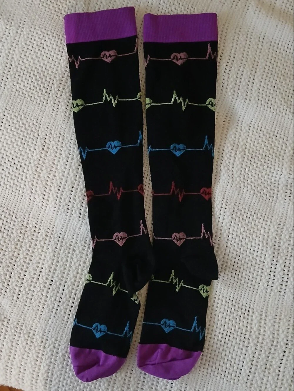 Black And Purple Compression Socks with Multicolor Heartbeat Motif